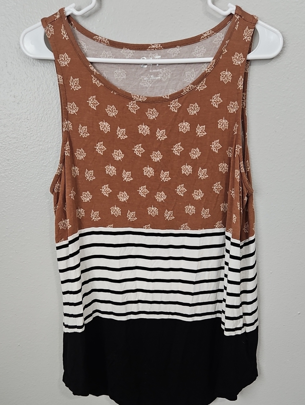 Maurices Brown Leaf Print Tank with Black & White Stripes